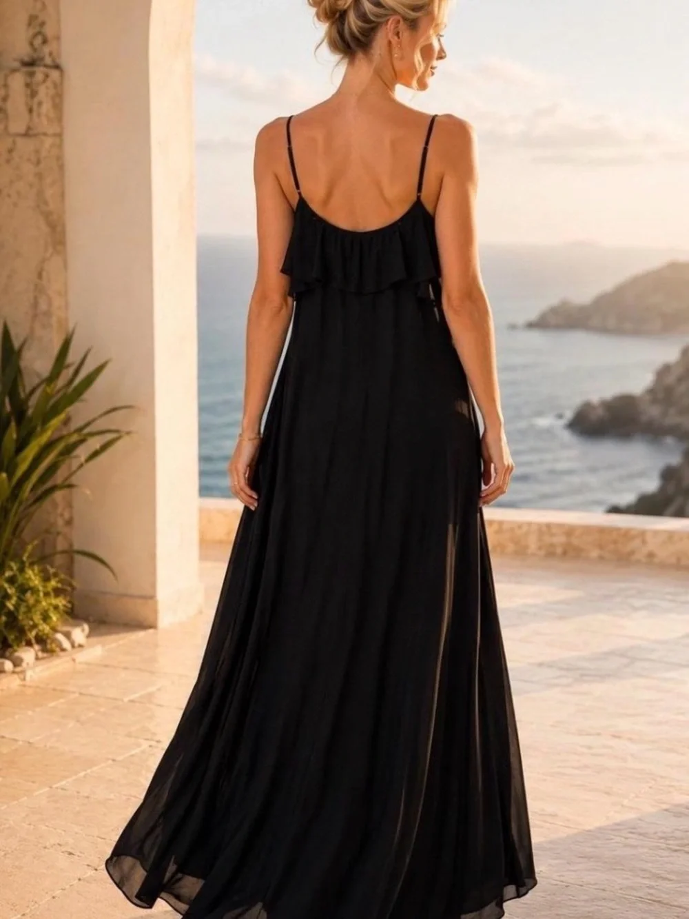 Abercrombie & Fitch Black Ruffle-Front Spaghetti Strap Maxi Dress